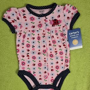 NWT NEWBORN Baby GIRL CREEPER pink Flower Bodysuit with ladybug applique (Q2)